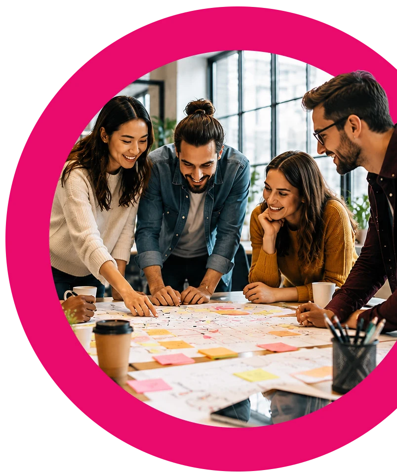 Equipe Miolo em volta de uma mesa de trabalho